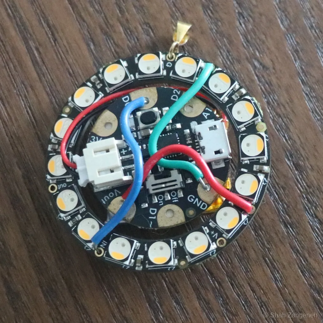 Front of the pendant — Gemma board in the center of the NeoPixel ring