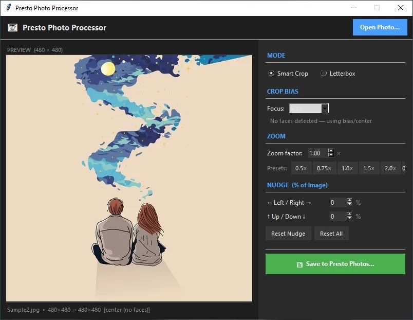 Presto Photo Processor — live preview with crop controls